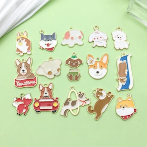 ミックス 10/15 個 バルク エナメル コーギー 犬 チャーム 金メッキ ペンダント DIY ブレスレット イヤリング ネックレス ジュエリー アクセサリー作り