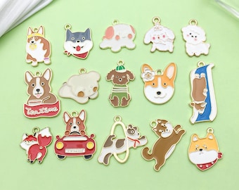 Mix 10/15pcs bulk Enamel corgi dog Charms gold plated Pendant for DIY Bracelets Earrings Necklaces jewelry Making Accessories