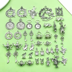 以下が含まれることがあります： アリス・イン・ワンダーランドのキャラクターとオブジェクトをフィーチャーした、銀色の金属製チャームのコレクション。チャームには、ウサギ、ティーポット、時計、鍵、そして「ワンダーランドへようこそ」というテキストが書かれたフレームが含まれています。