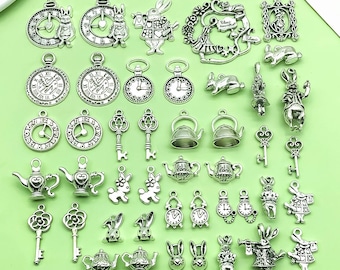 10/20/44pcs Mix Alice in Wonderland Fairy Charms Collection Alloy Rabbit Watch Teapot Pendants- Antique Steampunk Pendants Jewelry Findings