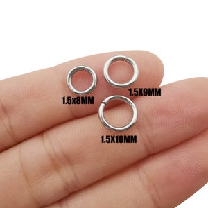 May include: Three silver jump rings in different sizes. The rings measure 1.5x8mm, 1.5x9mm, and 1.5x10mm.