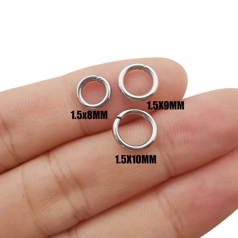 May include: Three silver jump rings in different sizes. The rings measure 1.5x8mm, 1.5x9mm, and 1.5x10mm.