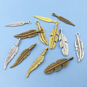 30/60/90PCS Plated Feather Shape Charms Pendant for Jewelry Making  Finished feather charm alloy feather charm, bulk silver feather pendant