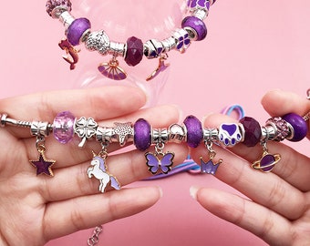 Kit Création De Bijoux Fille 4-12 Ans – 20 Breloques, Perles Cristal Et Colliers Réglables – Coffret Cadeau Violet