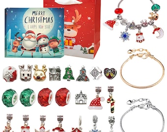 Juego de 24 pulseras navideñas DIY con calendario de Adviento y cuenta regresiva, para niñas, pulseras DIY, fabricación de joyas, regalo de Navidad