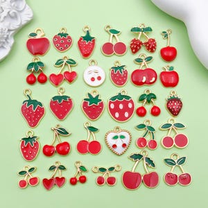 15/30pcs Enamel Cherry Strawberries Charms Red Fruit Pendant Cute Charms for DIY Bracelets Earring Necklace Jewelry Making Craft Accessories