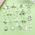20/50pcs Antique Silver Four-pointed Star Charm Star Moon Sun Alloy Pendant for DIY Bracelet Necklace Earrings Jewelry Making Accessories