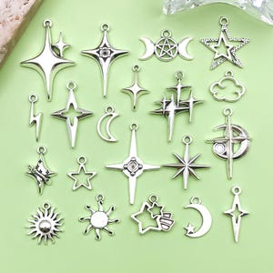 20/50pcs Antique Silver Four-pointed Star Charm Star Moon Sun Alloy Pendant for DIY Bracelet Necklace Earrings Jewelry Making Accessories