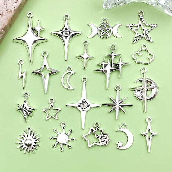 20/50pcs Antique Silver Four-pointed Star Charm Star Moon Sun Alloy Pendant for DIY Bracelet Necklace Earrings Jewelry Making Accessories