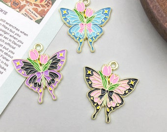 6pcs Fashion Enamel Flowers Tulips Butterfly Charm DIY Pendant for Bracelet Earrings Jewelry Making Accessories Craft Supplies