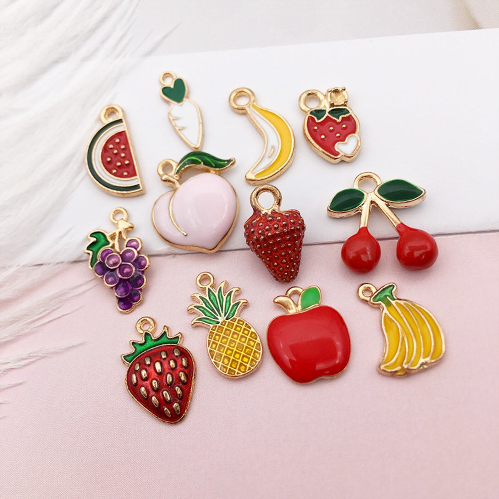 5/10/15PCS Enamel Fruit Charms Enamel Charms Fruit Theme Gold Tone Cute ...
