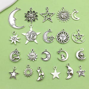 Mix20pçs pingente misto de estrelas de prata antigas, lua, sol, pingente misto para colar diy, pulseira, brincos, fabricação de jóias, acessórios artesanais