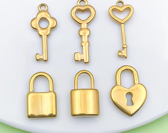 5/6pcs Fashion Gold Stainless Steel Key Love Heart Lock Charm Metal Pendant for Bracelet Necklace Earrings Jewelry Making Crafts Accessories