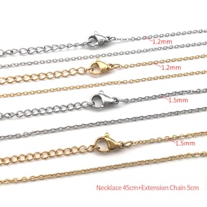 5/10 peças colar de aço inoxidável banhado a ouro 18K, corrente de colar inoxidável, corrente de cabo de aço inoxidável de 1,2 mm/ 1,5 mm 45 cm + corrente de extensão de 5 cm