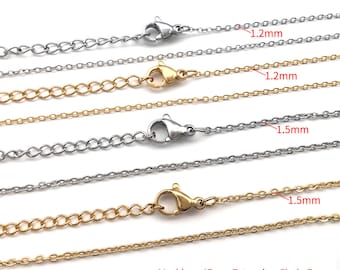 5/10pcs 18K gold plated Stainless Steel Necklace, Stainless Necklace Chain，1.2mm/ 1.5mm Stainless Steel Cable Chain 45cm+5cm Extension Chain