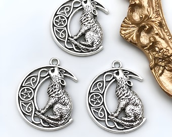 10pcs Antique Silver Charms 26x33mm Moon Wolf Shape Charms Pendants For DIY Necklace Bracelets Jewelry Making Findings Crafting Accessory
