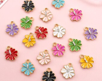 Mix18pcs Zinc Alloy Enamel Gold Plated flower Charms，rhinestone flower Pendant for DIY Fashion Jewelry Making Supply