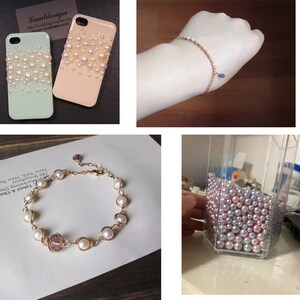 May include: A set of pearl beads in a clear container. The beads are iridescent and come in shades of pink, purple, and white. The beads are perfect for making jewelry or other crafts.