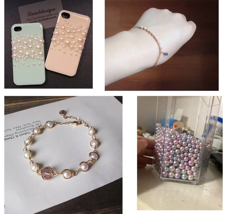 May include: A set of pearl beads in a clear container. The beads are iridescent and come in shades of pink, purple, and white. The beads are perfect for making jewelry or other crafts.