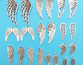 Mix 22pcs bulk Antique Silver Feather Wings Charms pendant for DIY Bracelets Earrings Necklaces jewelry making Accessory