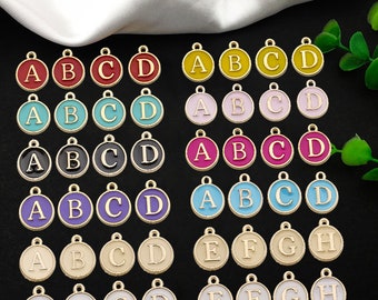 10 Pcs Pick your letter & color-26 Alphabet Letters set-2 sided round tag charm Enamel Initial Charms gold tone enamel letter charms