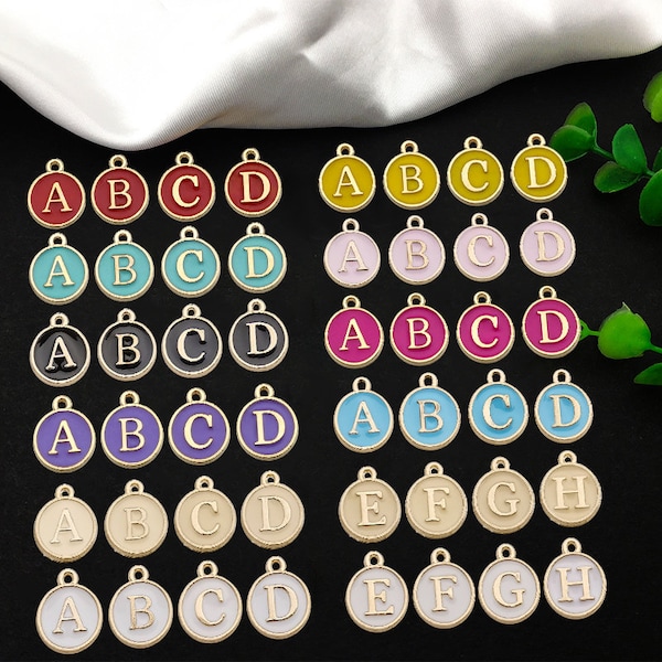 10 Pcs Pick your letter & color-26 Alphabet Letters set-2 sided round tag charm Enamel Initial Charms gold tone enamel letter charms