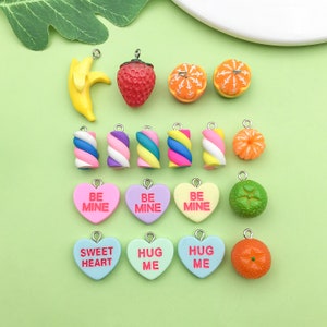 18pcs Cute Resin Heart/Fruit/Strawberry/Orange/Marshmallow Charm DIY Pendant For Bracelet Earring Necklace Jewelry Making Craft Accessories