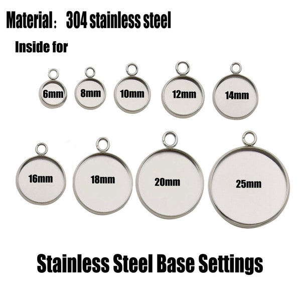 20pcs Stainless Steel Base pendant setting 6/8/10/12/14/16/18/20/25mm Round Bezel Cabochon Pendant Blank Glass Cabochon Setting Pendant Tray