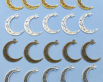 10pcs 32x38mm Antique Silver Filigree Moon Shape Earring Findings Charm Pendant