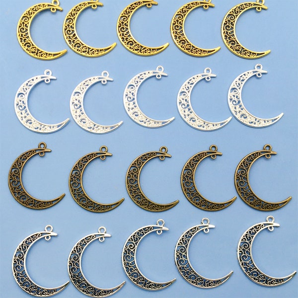 10pcs 32x38mm Antique Silver Filigree Moon Shape Earring Findings Charm Pendant