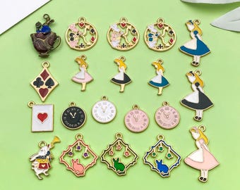 10/20pcs Enamel Alice Wonderland Clock Rabbit Poker Charm Gold Plated Pendant DIY Necklaces, Bracelets, Earrings Jewelry Making Supplies