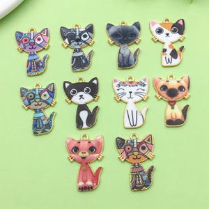 10Pcs Colorful Cat Charms Cute Cats Animals Kitten Charms Dangle Enamel Animal Charm for Jewelry Making Accessories Craft Supplies