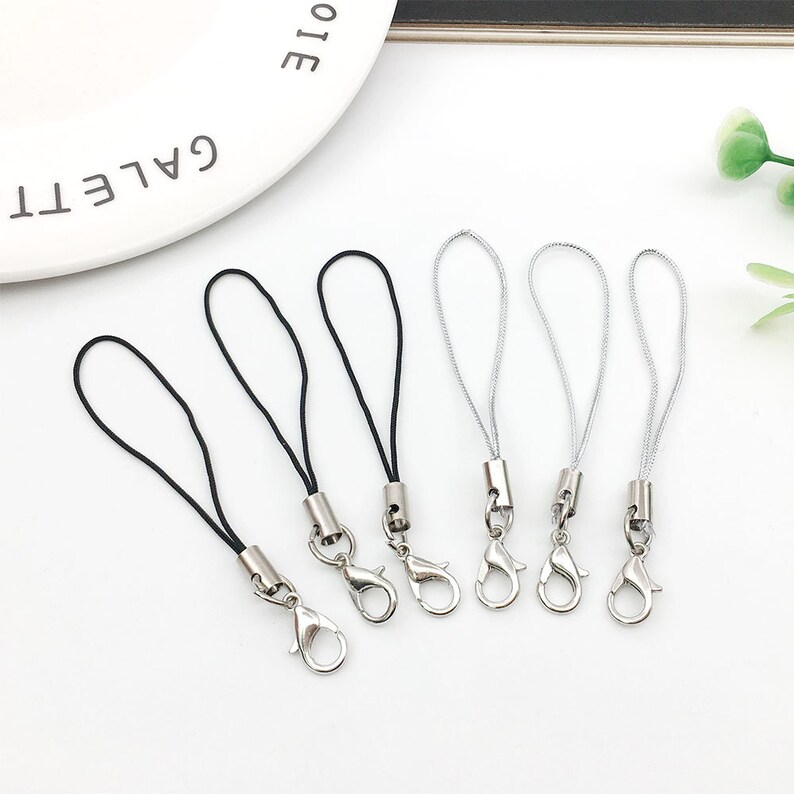 Op de afbeelding: Zes zilveren sleutelhangers met zwarte en zilveren koorden. De sleutelhangers hebben een zilveren karabijnhaak.