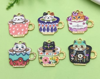 6pcs Kitten in Floral Teacup Enamel Charms Alloy Charm for DIY