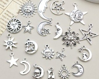 Mix20pcs en vrac antique argent étoiles lune soleil breloques pendentif mixte pour collier à faire soi-même bracelet boucles d'oreilles fabrication de bijoux accessoires artisanaux