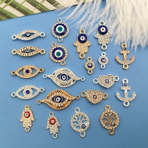 10/20/30pcs Metal Evil Eye Charms，Rhinestone Evil Eye Connector，Gold - Silver Evil Eye Pendant for Jewelry Making Supply
