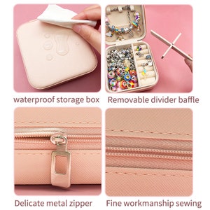 May include: A pink jewelry box with a zipper closure, a removable divider baffle, and a waterproof storage box. The box is open and shows a variety of jewelry, including bracelets, earrings, and rings.