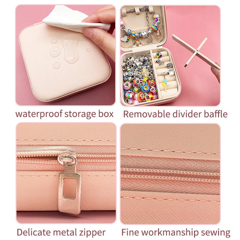 May include: A pink jewelry box with a zipper closure, a removable divider baffle, and a waterproof storage box. The box is open and shows a variety of jewelry, including bracelets, earrings, and rings.