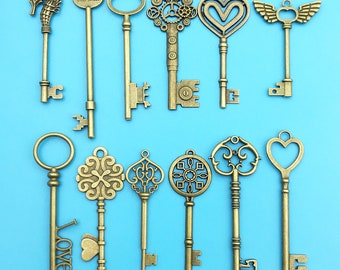 Mix 12 stuks oude bronzen grote steampunk skelet sleutel charmes vintage hanger voor DIY armbanden kettingen sieraden maken handgemaakte accessoire