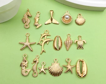 16/20 piezas mezcladas de dijes de concha de oro KC con forma de delfín y vida marina para pulseras, pendientes, collares, accesorios de joyería artesanales, fabricación de joyas