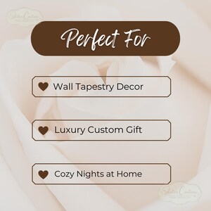 May include: A rectangular graphic with a dark brown header containing the white text Perfect For. Below are three white horizontal bars with dark brown borders, each featuring a dark brown heart icon and the text Wall Tapestry Decor, Luxury Custom Gift, and Cozy Nights at Home.