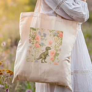 Dinosaur Floral Cotton Canvas Tote Bag: Eco-Friendly Shopping Bag