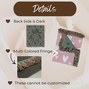 May include: A woven throw blanket featuring a dog portrait and heart patterns. The blanket has a dark reverse side and multi-colored fringe edges. Text on the image includes Details, Back Side is Dark, Multi Colored Fringe, and These cannot be customized.