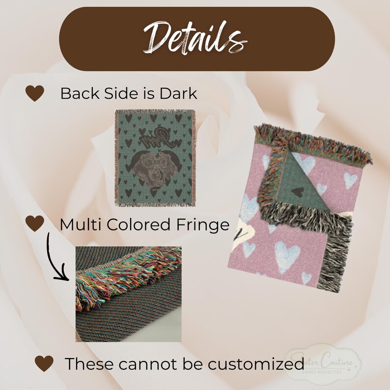 May include: A woven throw blanket featuring a dog portrait and heart patterns. The blanket has a dark reverse side and multi-colored fringe edges. Text on the image includes Details, Back Side is Dark, Multi Colored Fringe, and These cannot be customized.