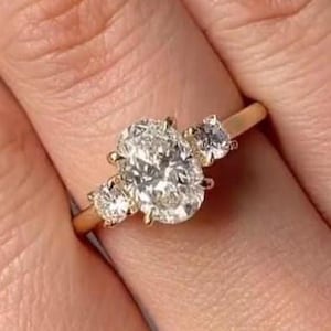 Oval Three Stone Engagement Ring, Yellow Gold Engagement Ring, Unique Bridal Jewelry, Trilogy Ring, Anniversary Gift for Her Ring for Her