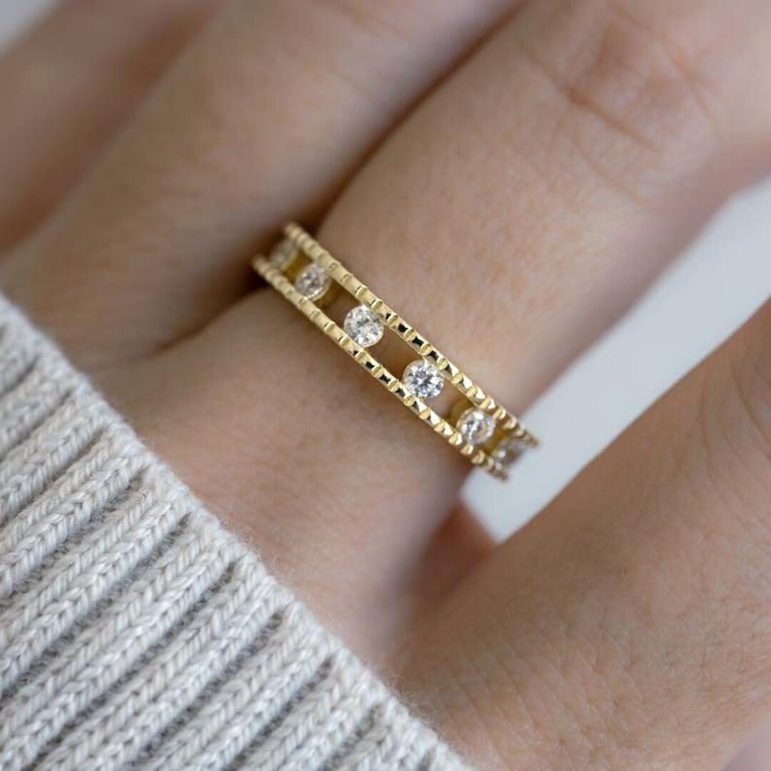 Round Cut Moissanite Wedding Band 14K Yellow Gold Wedding Ring Full ...