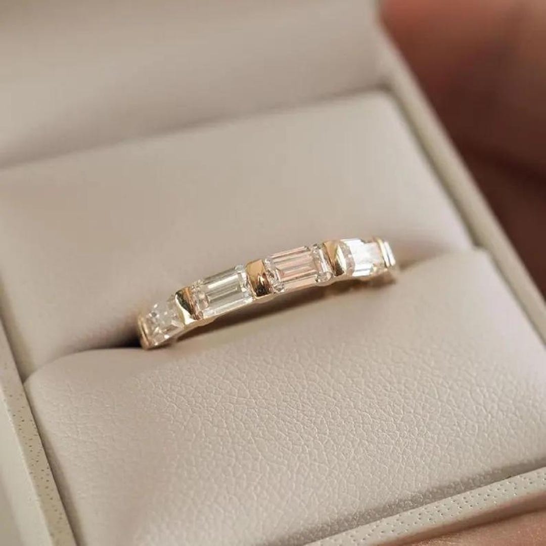 14K Yellow Gold Baguette Cut Moissanite Wedding Band, Half Eternity ...