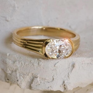 1.5 CT Oval Cut Moissanite Engagement Ring, Bezel Set 14K Solid Gold Solitaire Ring, Vintage Art Deco Style Promise Ring Wedding Bridal Ring