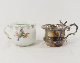 Antique Mustache Cup Set Bavaria Porcelain Bird & Silverplate Mug