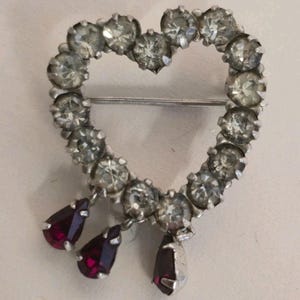 Vintage Sterling Silver Rhinestone Heart Brooch Ruby Red Dangle Drops Pin